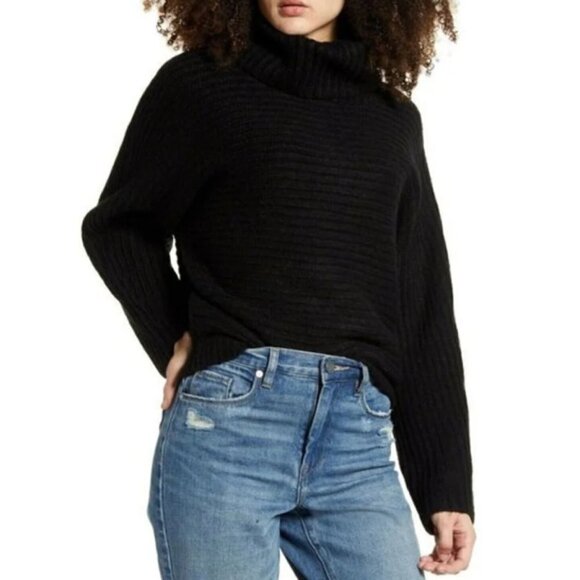 Leith Cozy Neck Dolman Sleeve Ribbed Pullover Sweater, Black - Picture 1 of 2